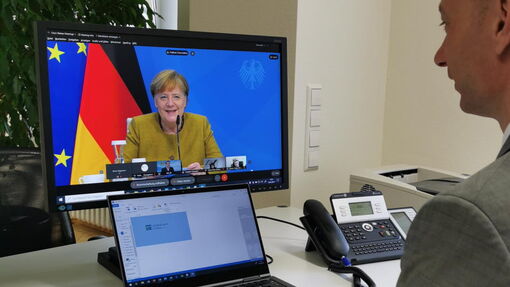 Videokonferenz mit Bundeskanzlerin Angela Merkel zur aktuellen Coronalage. Videokonferenz mit Bundeskanzlerin Angela Merkel zur aktuellen Coronalage.